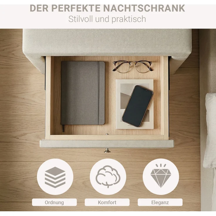 Nachtschrank 2er Set 2 Nachttische mit Schubladen Nachtkommode Beistelltisch Stoff Beige Schlafzimmer – Bild 5