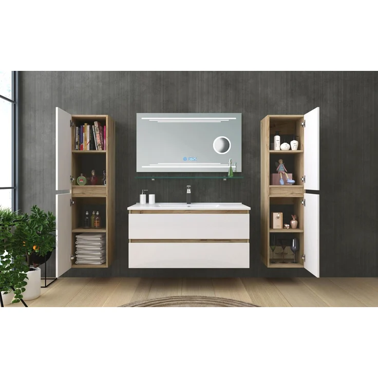 Homeline Badmöbel Set Eiche/Weiß Leonard Hochglanz 90 cm Spiegel incl LED (90, 6, 2X Seitenschränke) – Bild 4