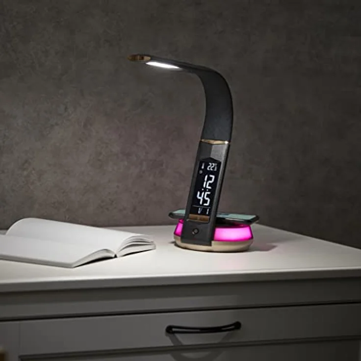 Northpoint LED Schreibtischlampe Lederoptik mit QI-Ladestation, Touch dimmbar, Warm-/Kaltweiß, Uhranzeige, Schwarz – Bild 4
