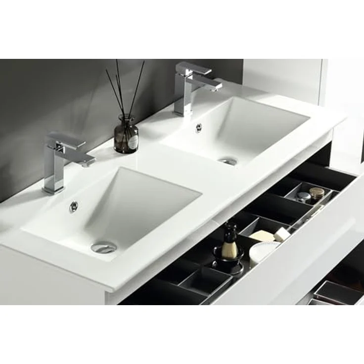 Alpenberger Badezimmer-Set Badezimmer Möbel Badschrank, (Badezimmer Spiegel mit Led, Keramik Waschbecken mit Überlauf), Doppelwaschtisch 120 cm Breit - Weiß Glänzend – Bild 6