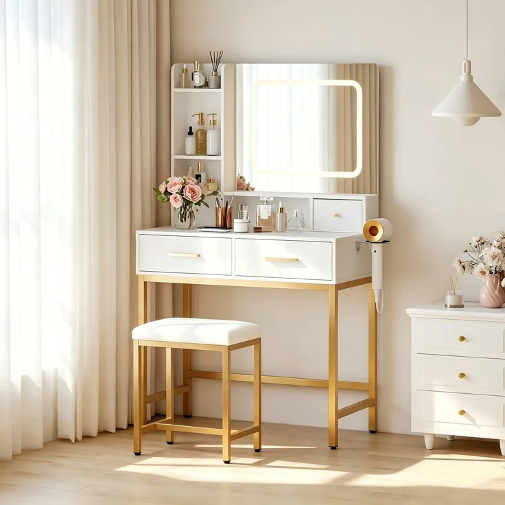 Garvee Schminktisch mit LED Beleuchtung und Steckdose, Frisiertisch mit Spiegel und Hocker, Kosmetiktisch mit 4 Schubladen, Föhnhalter, 3 Lichtmodi Dimmbar, für Schlafzimmer, Weiß Gold