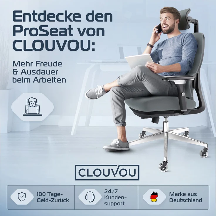 CLOUVOU ProSeat, ergonomischer Bürostuhl, thermoregulative Materialien, 4D-Armlehnen, 3D-Kopfstütze, BladeWheels, Anthrazit – Bild 7