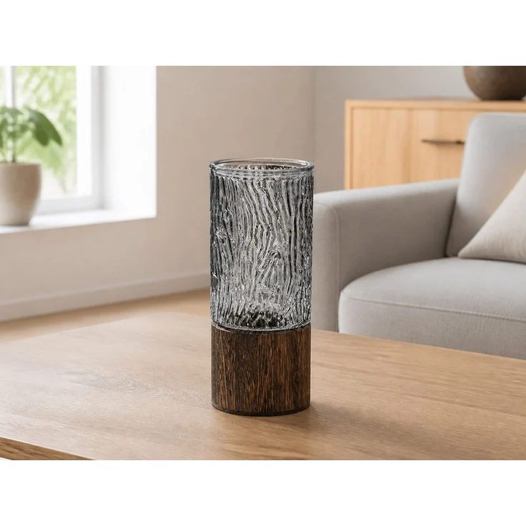 Glasvase mit Holzsockel Rauchgrau, 10 x 10 x 25 cm – Bild 2
