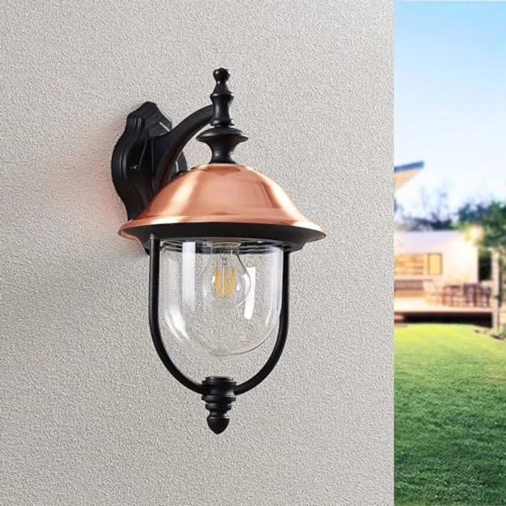 Lindby Wandleuchte Clint, spritzwassergeschützte Retro-Außenlaterne in Kupfer, 1-flammig E27, für Garten, Terrasse und Balkon – Bild 5