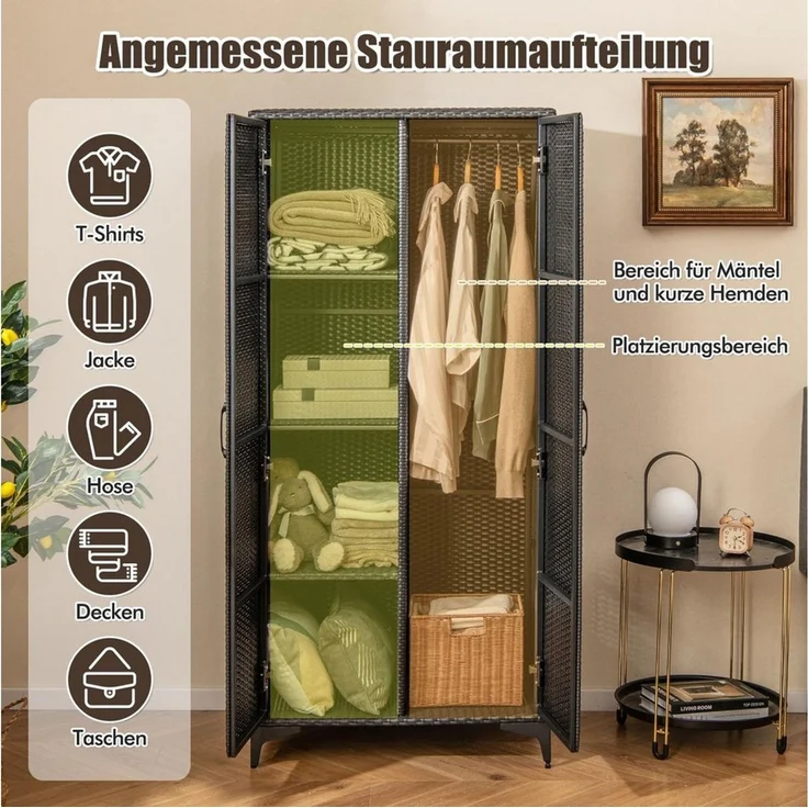 KOMFOTTEU Kleiderschrank Garderobenschrank aus PE-Rattan mit 4 Aufbewahrungswürfeln – Bild 3