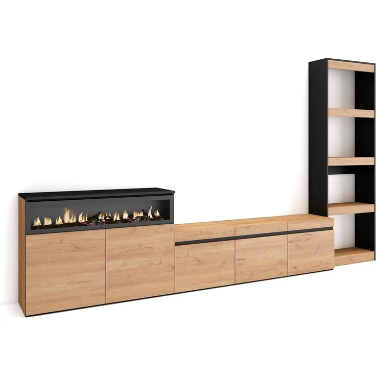 Skraut Home | Wohnwand Wohnzimmer | Wohnzimmermöbel, Möbelset | 310 x 186 x 35 cm | Für TV-Geräte bis zu 65" | Elektrokamin. | Moderner Stil | Eiche Schwarz