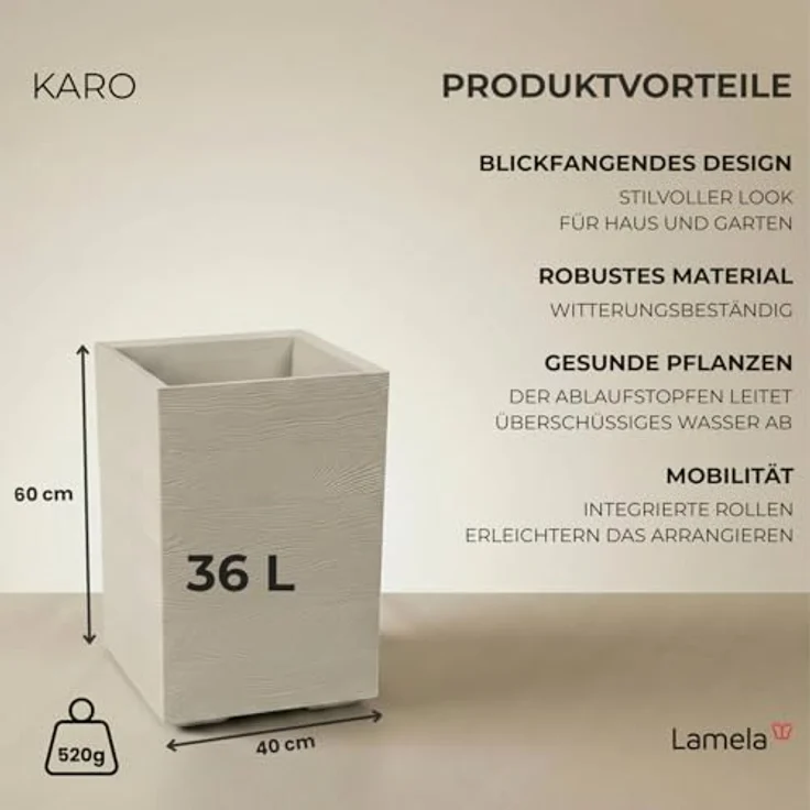LAMELA Pflanzkübel mit Rollen Höhe 60 cm, 36L – Blumentopf aus Kunststoff in Holzoptik – Übertopf mit Wasserablauf – Modern für Innen & Außen - Wetterfest & Pflegeleicht, Beige – Bild 3