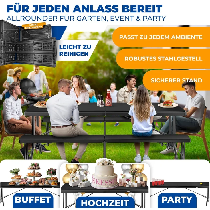 KESSER® Bierzeltgarnitur 3-teilig Set Tisch & 2x Bank | Buffettisch für drinnen & draußen Gartengarnitur klappbar 183x76x74cm Kunststoff Klapptisch Gartentisch inkl. Abdeckung & Tragegriffe Schwarz, Glatt – Bild 3