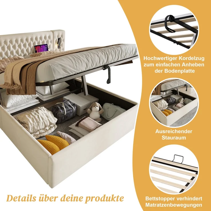 Polsterbett 180x200 cm Beige mit Kopfteil, Nachttischen, LED-Leselampe & Stauraum, hydraulisch verstellbar, USB Type-C Ladefunktion – Bild 8