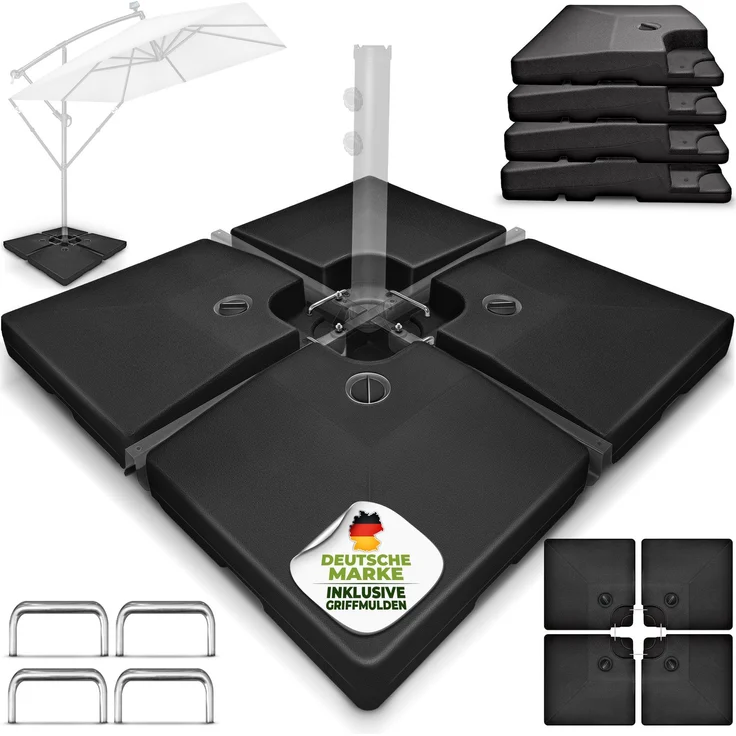 tillvex® Sonnenschirmständer Schwarz 90 Liter / 120 kg – 4-teilig für Ampelschirm inkl. Metallverbinder | Schirmgewicht befüllbar mit Wasser oder Sand | Schirmständer Ampelschirmständer wetterfest – Bild 6