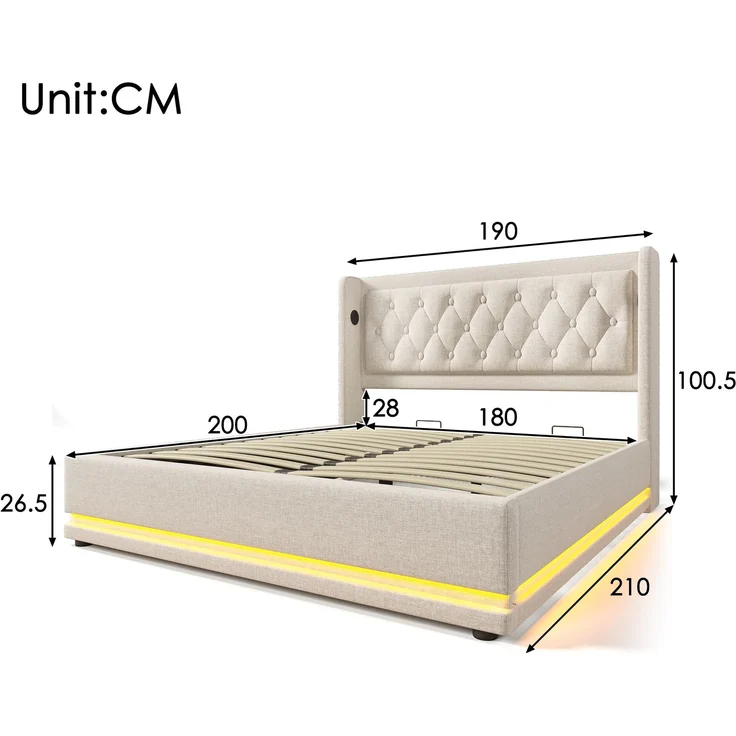 EINHOM Polsterbett Einzelbett 180 x 200 cm, Beige Baumwolle-Material Hydraulisches Stauraumbett, Gepolstertes Kopfteil mit USB Typ-C Ladefunktion, 3-Seitige LED-Funktion, (Ohne Matratze) – Bild 2