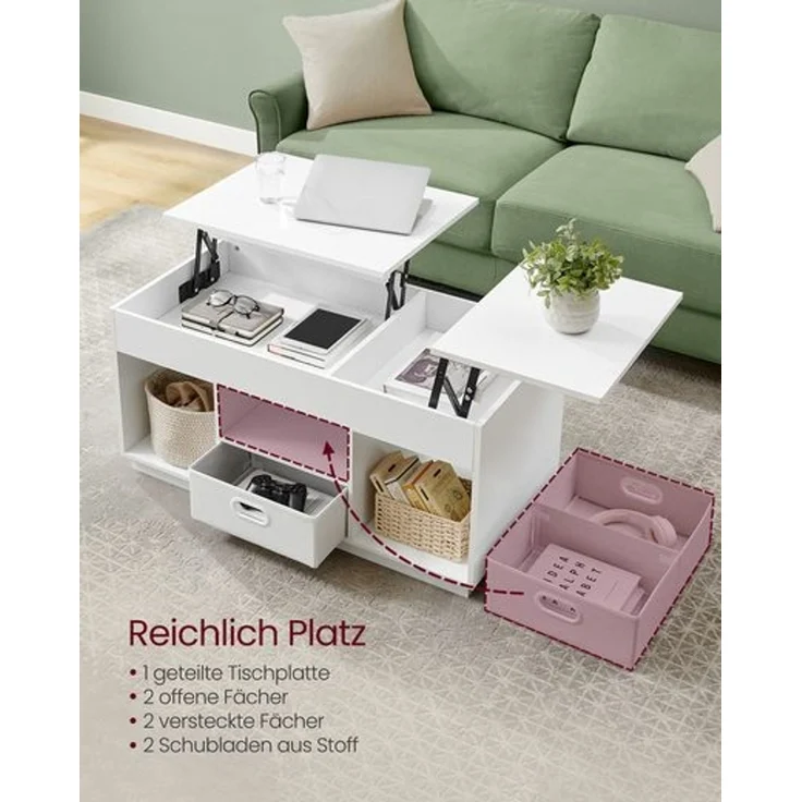 Vasagle Couchtisch, höhenverstellbarer Wohnzimmertisch, 2 Schubladen und versteckte Fächer, Kaffeetisch, offene Fächer, für Wohnzimmer, Homeoffice, schneeweiß – Bild 4
