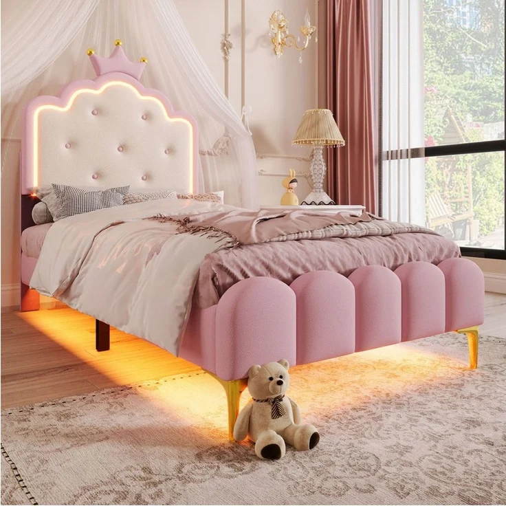 Flieks Polsterbett, LED Prinzessinnenbett Kinderbett 90x200cm mit Krone-Design-Kopfteil – Bild 2
