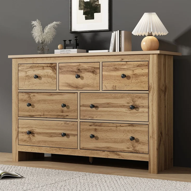 Sideboard Landhausstil Holzfarbe mit 7 geräuschlosen Schubladen, verstellbarer Mittelfuß, Kippsicherung, Stauraum – Bild 3