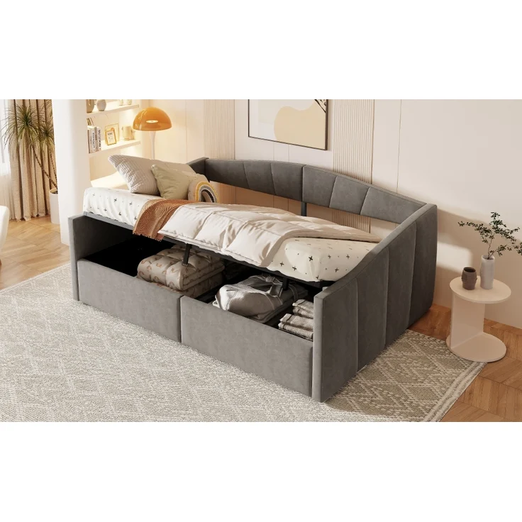 Polsterbett-Sofabett mit hydraulischem Stauraum, Lattenrost und Armlehnen, klassisches Streifendesign, vielseitiges Doppelbett, Samtstoff, 140×200 cm – Bild 5