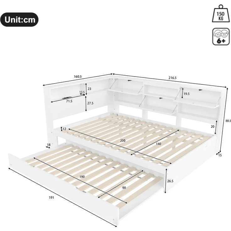 EINHOM Daybett, Schlafsofa, 140 x 200 cm, Kopfteil mit Staufach, Ausziehbares Bett, Weiß, (Ohne Matratze) – Bild 2