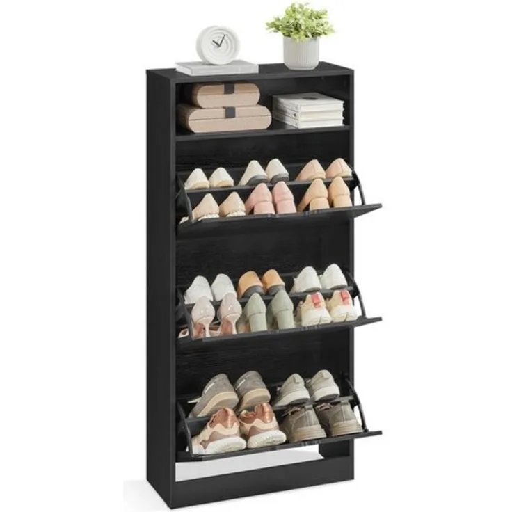 Vasagle Schuhschrank 3 Klappen, Schuhkipper, Schuhregal, Schuhaufbewahrung, offenes Fach, Trennwand verstellbar, für 14-18 Paar Schuhe, Flur, 24 x 60 x 139 cm, ebenholzschwarz LBCDE046B03