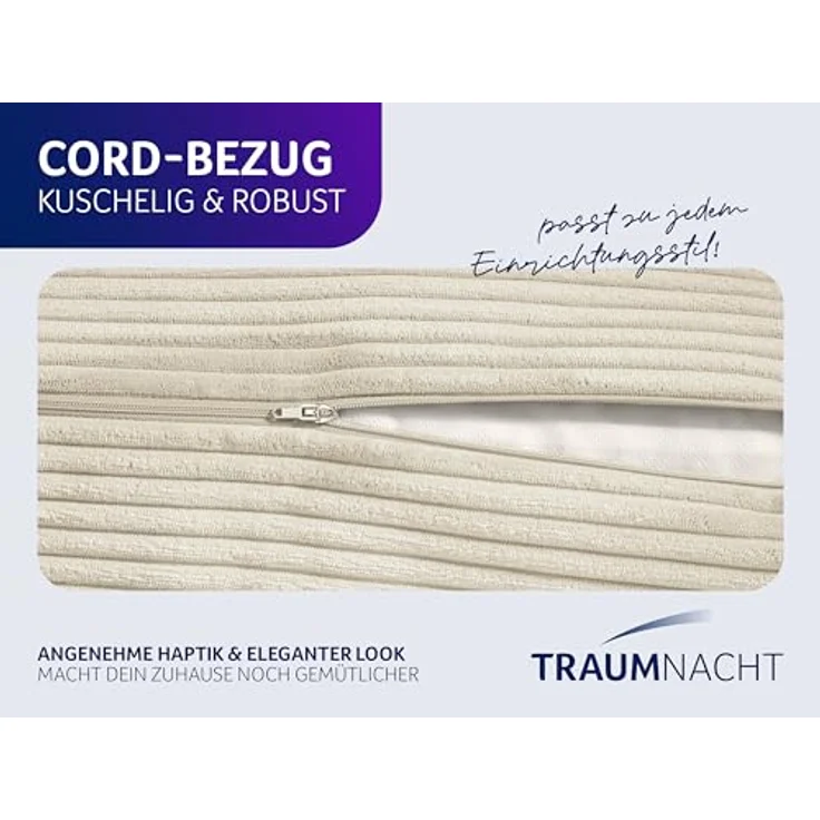 Traumnacht Cozy Rückenkissen, Lesekissen, 70x40 cm, beige, Abnehmbarer,waschbarer Bezug aus gemütlichem Kord, praktisches Seitenfach, Öko-Tex Zertifiziert, produziert nach deutschem Qualitätsstandard – Bild 5