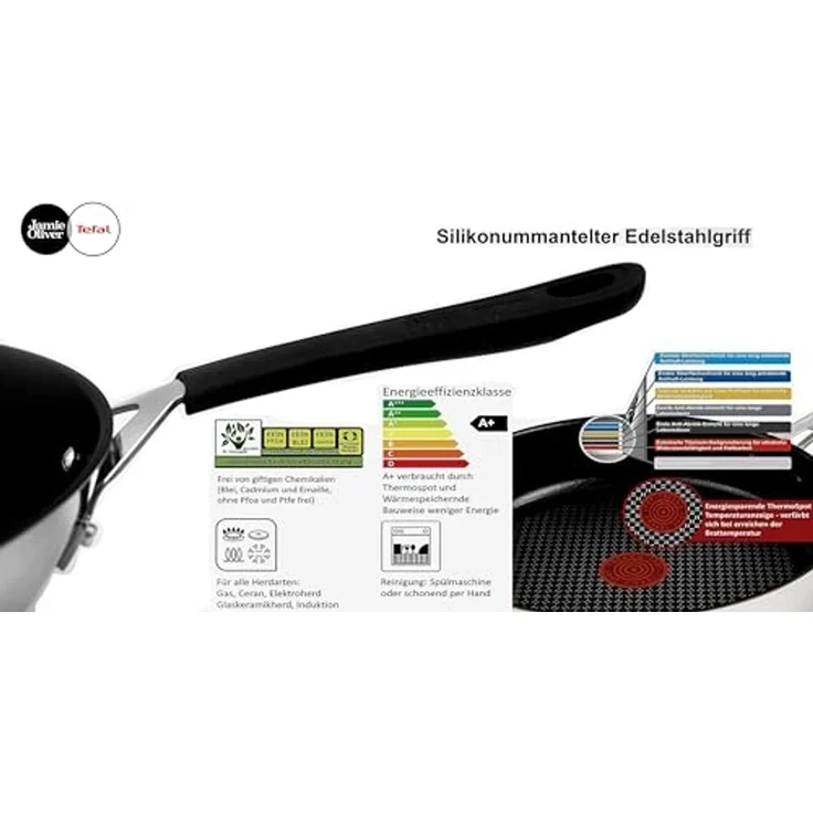 Tefal E30 Jamie Oliver Edelstahl Wok 28 cm, Antihaftbeschichtet, Induktionsfähig, Thermo-Signal, Backofenfest bis 175°C, Hitzebeständig bis 260°C, Genieteter Edelstahlgriff mit Silikon – Bild 3