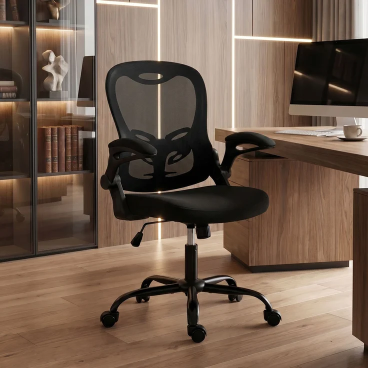 Ergonomischer Bürostuhl, Bürostuhl aus Netzgewebe, hochklappbare Armlehnen, höhenverstellbar, Wippfunktion, schwarz – Bild 10