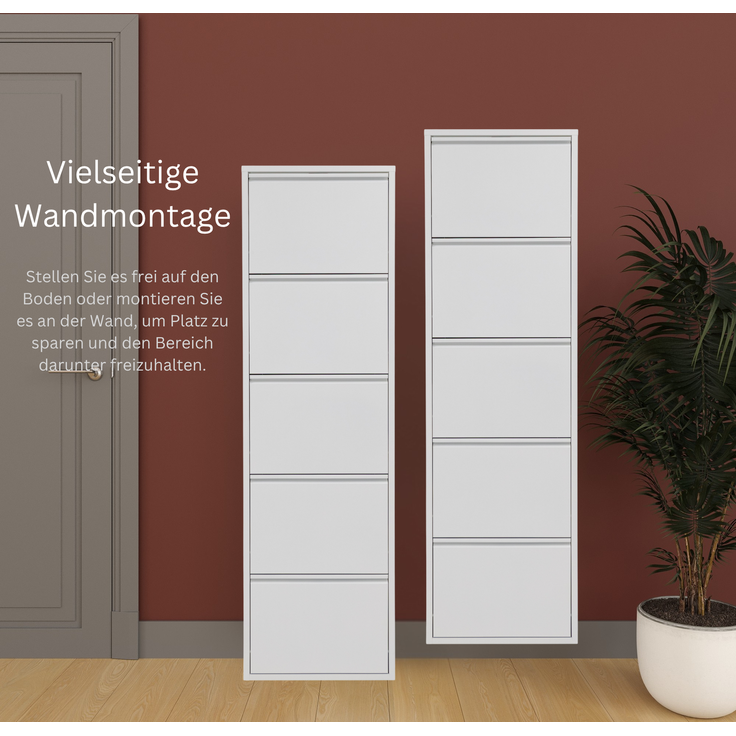 Schuhkipper Metall 50 x15 x 170 cm, 5 Klappen, weiß RAL 9003 – Bild 2