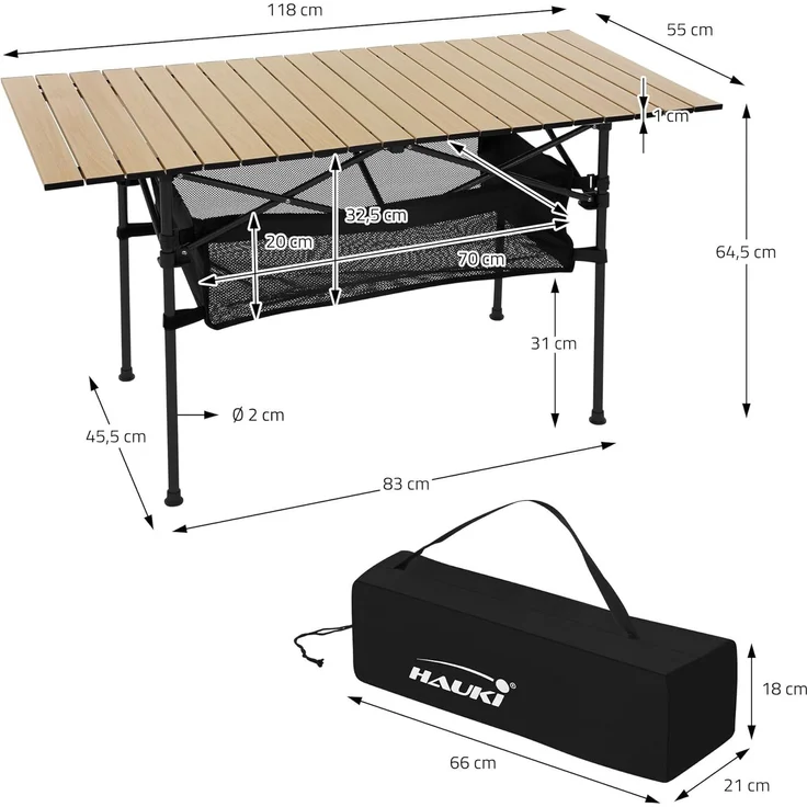 Hauki Campingtisch Klapptisch faltbar aus Aluminium inkl. Tragetasche, Gartentisch 118x55x64,5 cm Beige, Aufrollbare Tischplatte, Falttisch – Bild 2