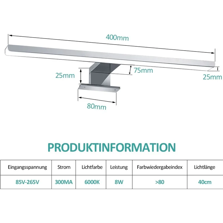 EMKE Spiegelleuchte LED Spiegelleuchte 40cm Spiegellampen für Badezimmer IP44 Schrankleuchte, Chrom, Kaltweißes Licht 6000K – Bild 5