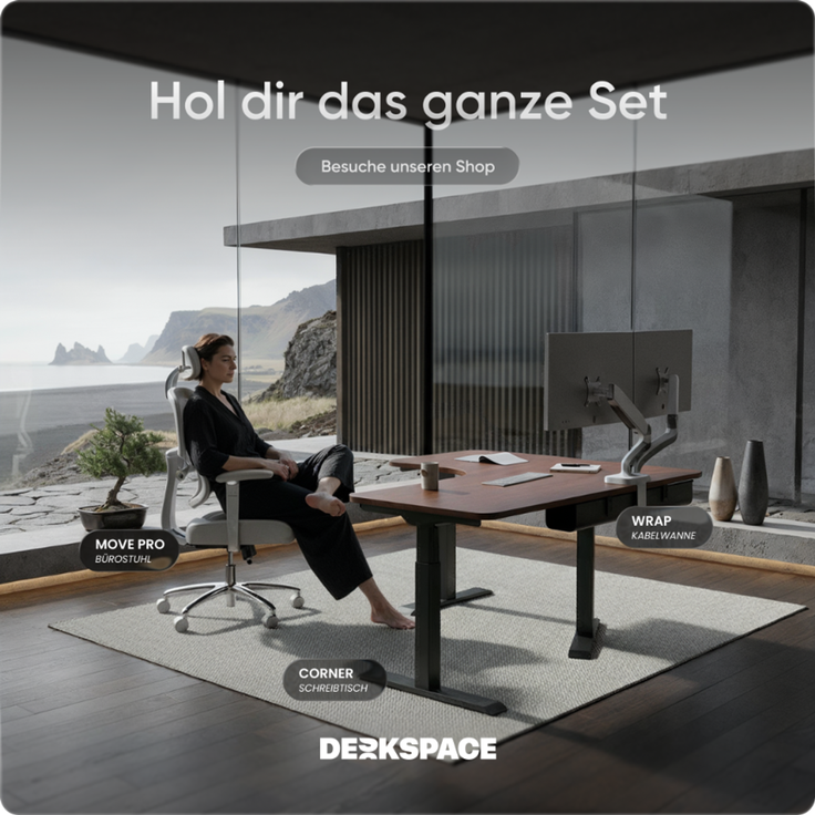 DESKSPACE CORNER Schreibtisch, Elektrisch höhenverstellbar, 160 x 130 x 70 cm, Mahagoni Tischplatte, Schwarzes Gestell – Bild 9