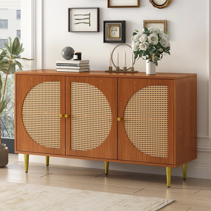 Sideboard, mit 3 Rattantüren, Metallbeinen & verstellbaren Böden, 129,8x40x76 cm, Walnuss – Bild 3