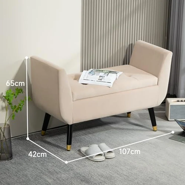 HOMCOM Sitzbank mit Stauraum Armlehnen, Samtartiges Polyester (Truhenbank, 1-St, Polsterbank), Gummiholz Beige 107 x 42 x 65 cm – Bild 4