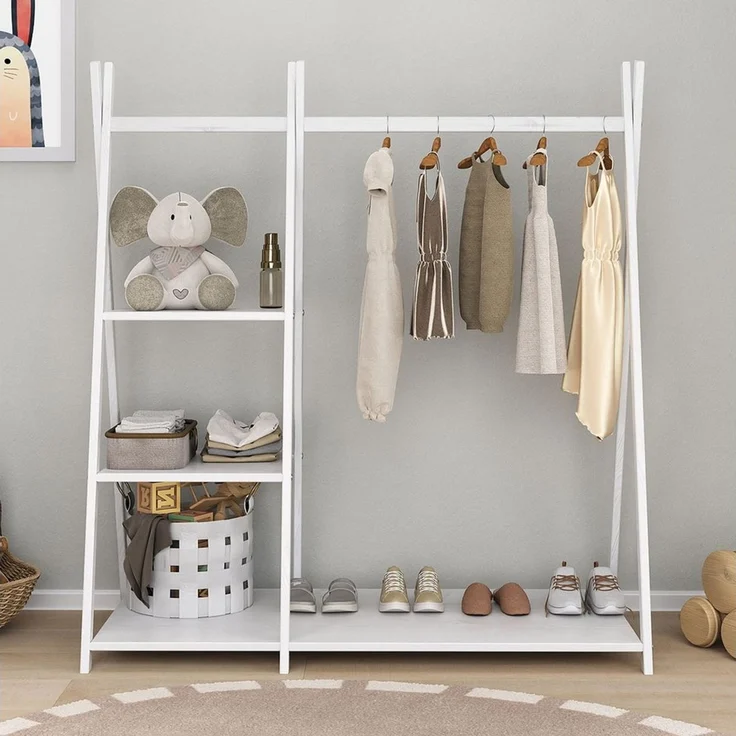 IDIMEX Kinderkleiderschrank LOTTE Kinderzimmer Garderobe mit 4 Ablageböden freistehend Holz weiß – Bild 4