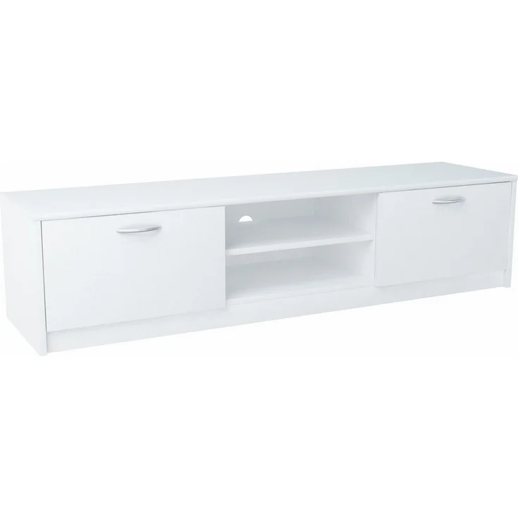 Home Collective TV-Schrank 160cm breit Lowboard mit matter Oberfläche Fernsehtisch (abgerundete Kante und Metall-Rollschienen Fernsehkommode) mit 2 Türen und 2 Regalen, aus laminiertem Board weiß – Bild 1