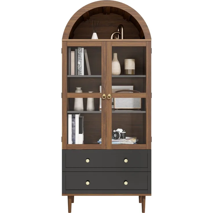 Kommode Aufbewahrungsschrank mit verstellbaren Einlegeböden,Moderner Retro-Aufbewahrungsschrank aus gewölbtem Glas,Verstellbare Regale,Luxuriöses Sideboard--Nussbaum--70x38x168cm--YOUDENOVA