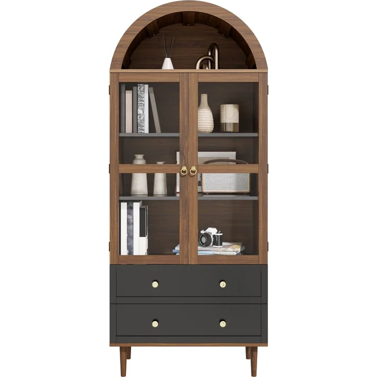 Kommode Aufbewahrungsschrank mit verstellbaren Einlegeböden,Moderner Retro-Aufbewahrungsschrank aus gewölbtem Glas,Verstellbare Regale,Luxuriöses Sideboard--Nussbaum--70x38x168cm--YOUDENOVA – Bild 1