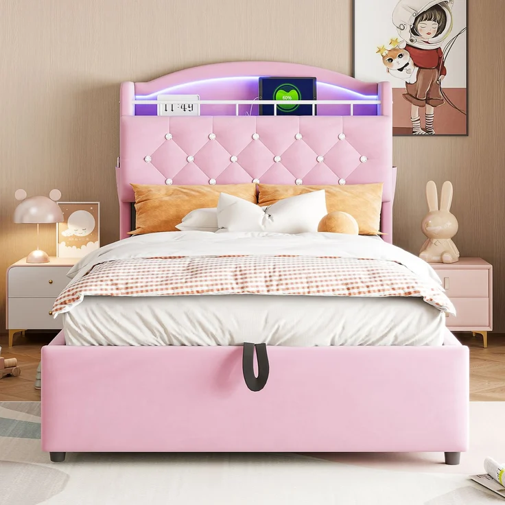 Merax Kinder Polsterbett 90x200, Samt Einzelbett Multifunktionsbett mit Stauraum mit LED und USB Rosa – Bild 5