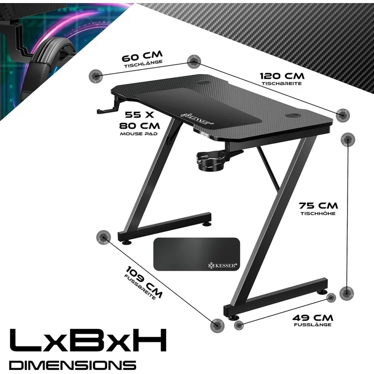 KESSER® Gaming Tisch LED | Z-Form Gamer Schreibtisch | Kopfhörerhaken & Kohlebeschichtung | Ergonomischer PC Computertisch | Stabiler Tisch mit Mauspad & Getränkehalter 120 x 60 cm, Schwarz Carbon – Bild 2