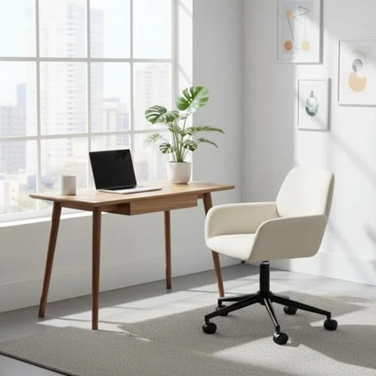 FurnitureR Schreibtisch Stuhl Chenille Stoff höhenverstellbarer Drehstuhl, ergonomischer Bürostuhl mit Armlehne für Büro Schlafzimmer Arbeitszimmer, Beige – Bild 2