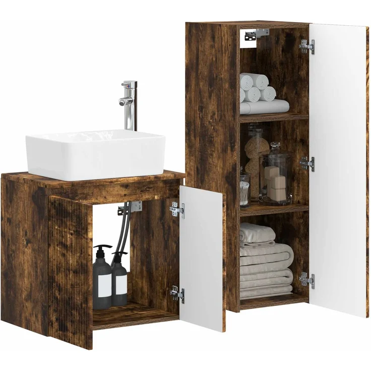 vidaXL Badezimmerschrank-Set 2 stk. Geräucherte Eiche 3406128 – Bild 3