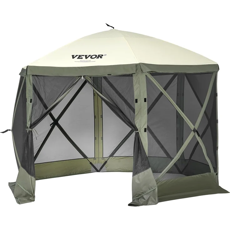 VEVOR Pop-Up-Pavillonzelt, Pop-Up-Zelt mit 6-seitigem Baldachin, Sonnenschutz mit 6 abnehmbaren Sichtschutz-Windtüchern und Netzfenstern, 10x10 Fuß, Schnellaufbau-Zelt mit Moskitonetz, Armeegrün