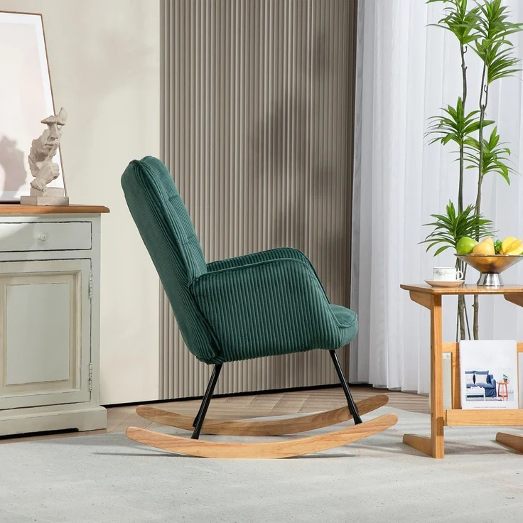 HOMCOM Schaukelstuhl, Schaukelsessel mit Berbervlies-Optik, Armlehne, Sessel mit Holzkufen, Relaxsessel für Wohnzimmer, Schlafzimmer, Dunkelgrün – Bild 7