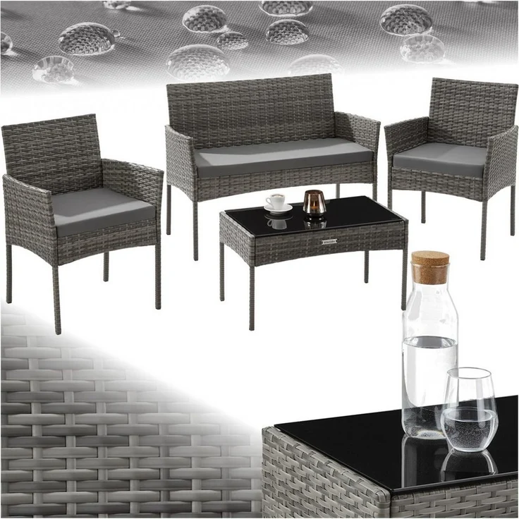tectake Sitzgruppe Rattan Gartenset, (Set, 4-tlg), Wasserabweisende, abnehmbare und waschbare Polyesterbezüge – Bild 1