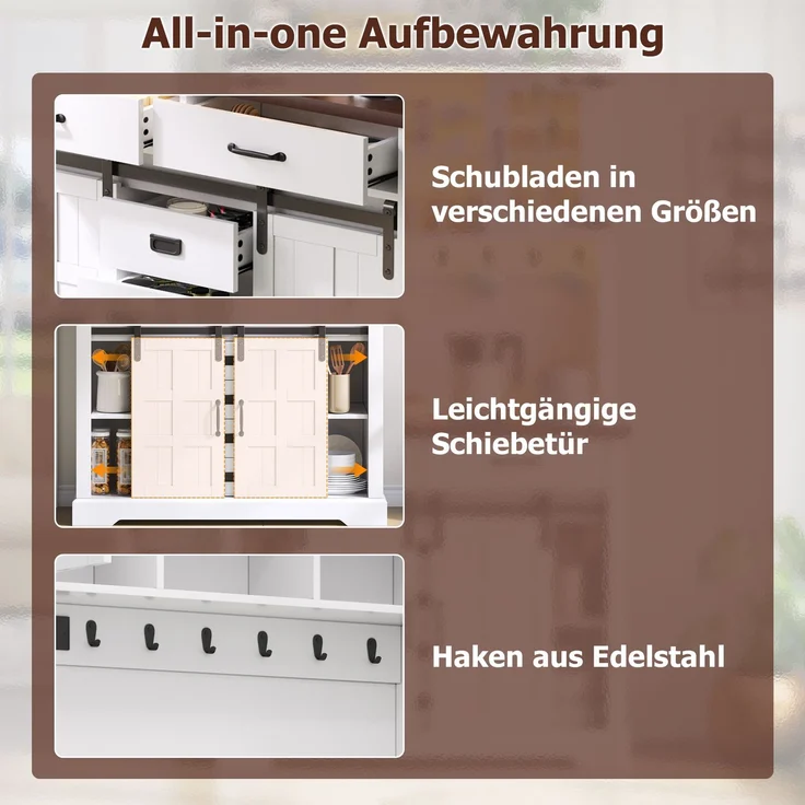 Küchenschrank, Buffetschrank, Sideboard mit Steckdose und LED-Beleuchtung, Küchenmöbel mit Arbeitsplatte, 6 Schubladen, verstellbare Einlegeböden, Haken, 180 × 108 × 40 cm, Weiß – Bild 4