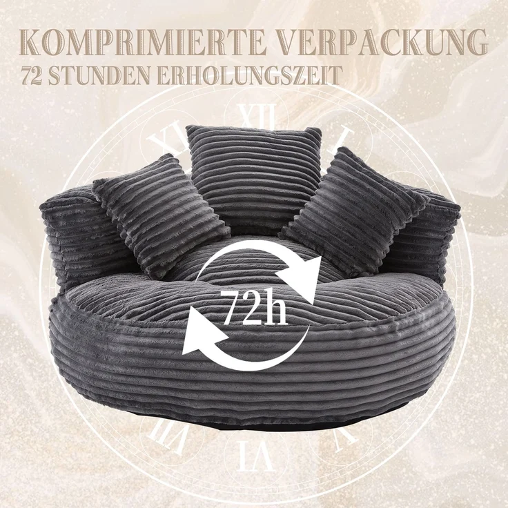Cord-Sitzsack – ein strapazierfähiger und bequemer Liegesessel, Sitzsack mit hoher Rückenlehne, ausgestattet mit drei Kissen, geeignet für Erwachsene und Kinder (dunkelgrauer Cord)--Dunkelgrau--108x108x52cm--YOUDENOVA – Bild 3