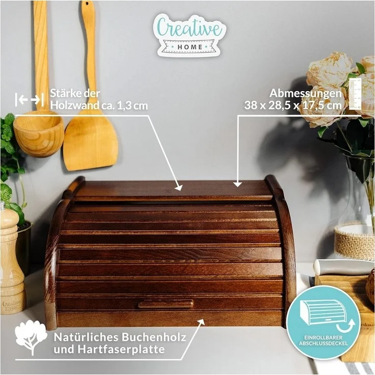 Creative Home Brotkasten Holz 38 x 28,5 x 17,5 cm Brotkiste mit Rolldeckel Brotbox – Bild 3
