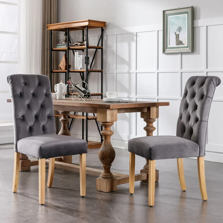Esszimmerstuhl 6er-Set, Samt mit Eichenbeinen & Knopfheftung, 100 x 63 x 43, Grau – Bild 4