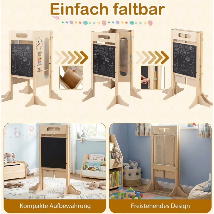 COSTWAY Tritthocker, 4 in 1 Lernturm klappbar mit 2-Stufen Hocker, Tafel – Bild 3