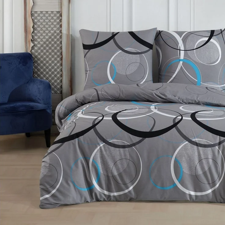 Buymax Bettwäsche Wave, Bettgarnitur, Bettbezug Set, Renforcé: 100% Baumwolle, 3 teilig, mit Reißverschluss, gemustert, Kreise, Grau, Türkis, 200x220 cm – Bild 1