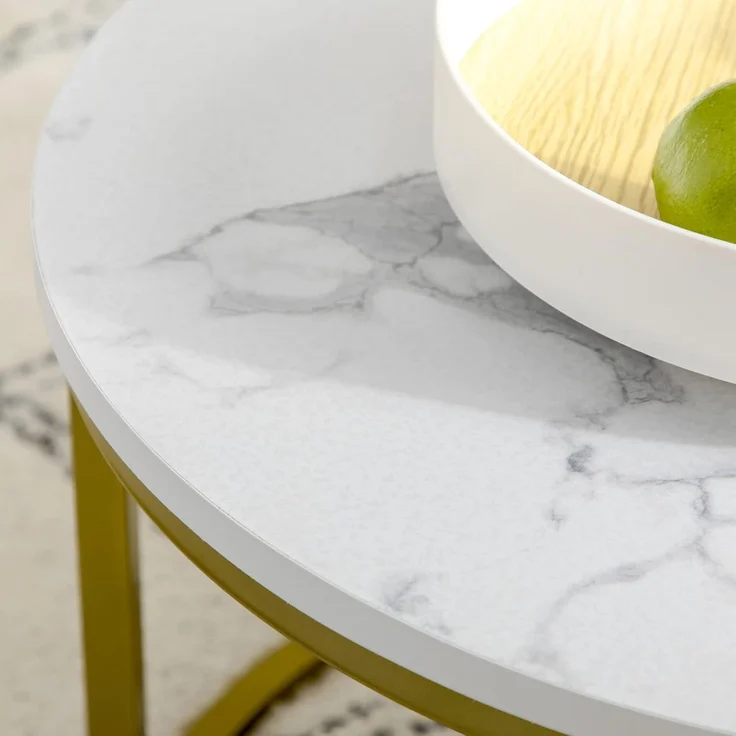 HOMCOM Couchtisch 2er-Set, Rund, mit Stahlgestell in Gold, Marmoroptik, stapelbar (Kaffeetisch, 2-St, Eckiger Beistelltisch), für Wohnzimmer, bis 30 kg belastbar, Weiß – Bild 9