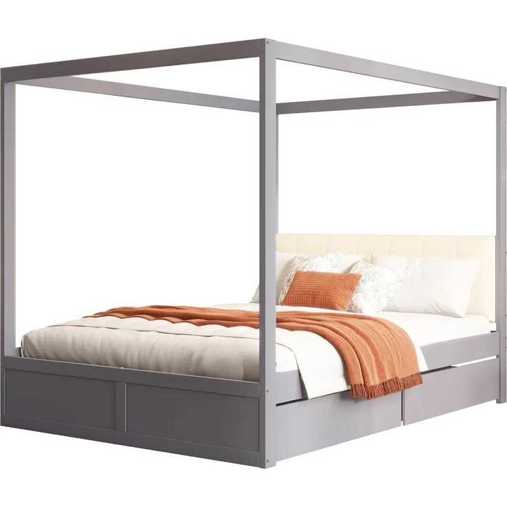 Himmelbett140*200 cm mit großen Schubladen und weicher Rückenlehne, Holz bett Grau – Bild 5