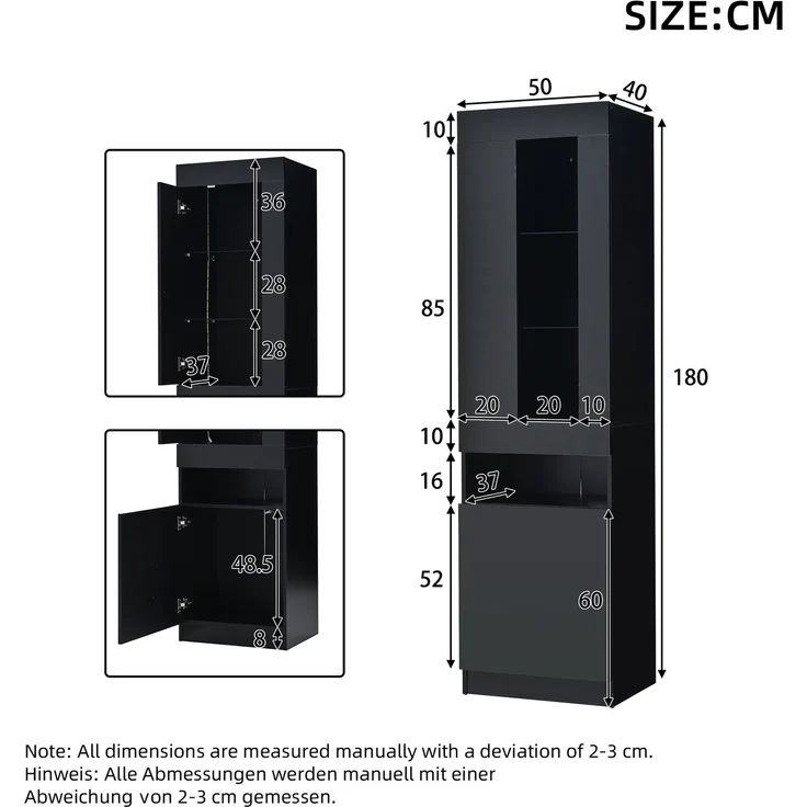Vitrine mit LED Beleuchtung Vitrinenschrank Standvitrine Stauraumvitrine Schrank Wohnzimmerschran Schwarz LED Vitrine Wohnzimmer Wohnwände LED Vitrinenschränke LED Schränke Buffet-Schran--Schwarz--50x40x180cm--YOUDENOVA – Bild 7